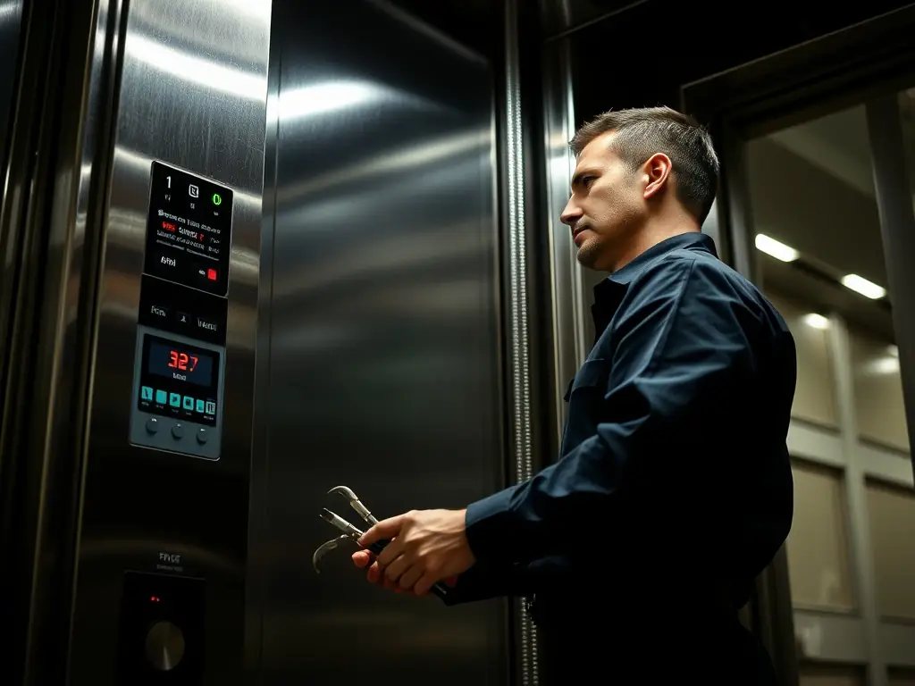 An elevator technician inspecting a control panel during an audit, showcasing Argon Elevator Consulting's meticulous approach to maintenance audits and code compliance.