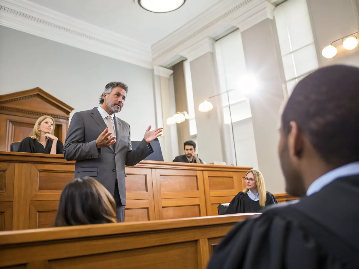 A courtroom scene with an expert witness presenting technical evidence, illustrating Argon Elevator Consulting's litigation support and expert witness services.